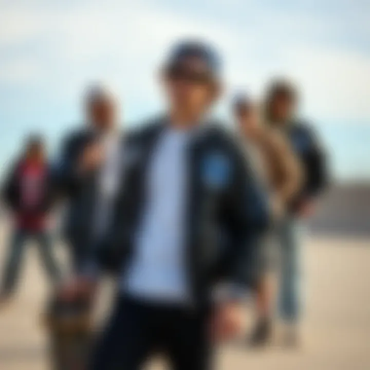 A group of skateboarders showcasing their style with bomber jackets