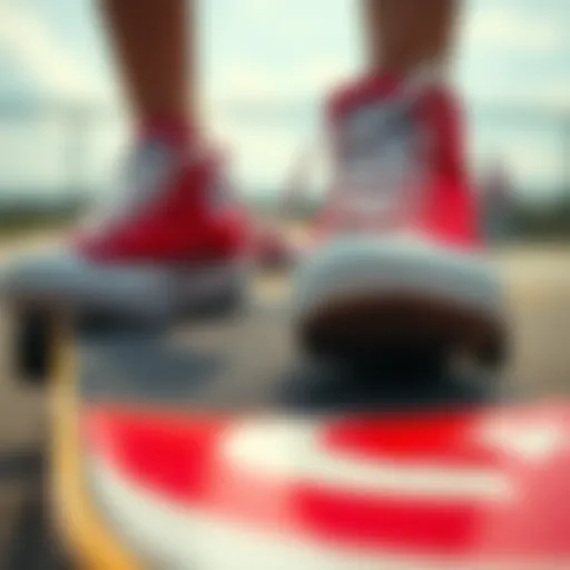 A close-up view of red Converse shoes on a skateboard deck