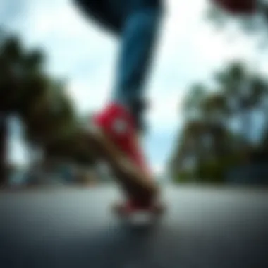 A skater performing a trick while wearing red Converse shoes