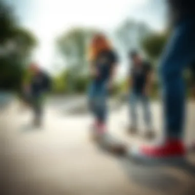 A group of skaters showcasing their red Converse in a skate park