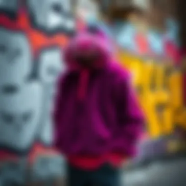 A vibrant furry hoodie showcased against a graffiti wall, embodying skate culture