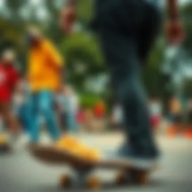 A vibrant community event promoting health with peanuts and skateboarding.