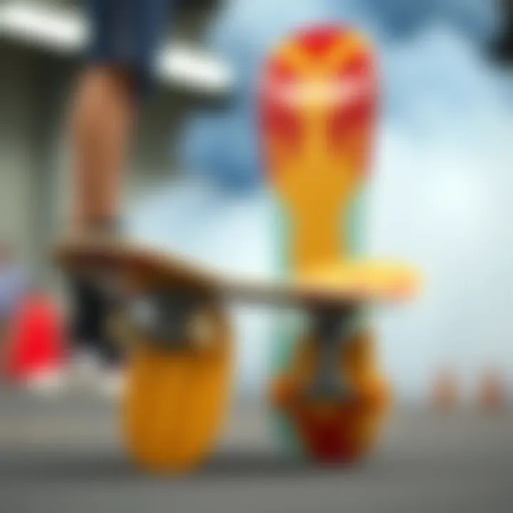 A vibrant skateboard deck featuring a peanut-themed design.