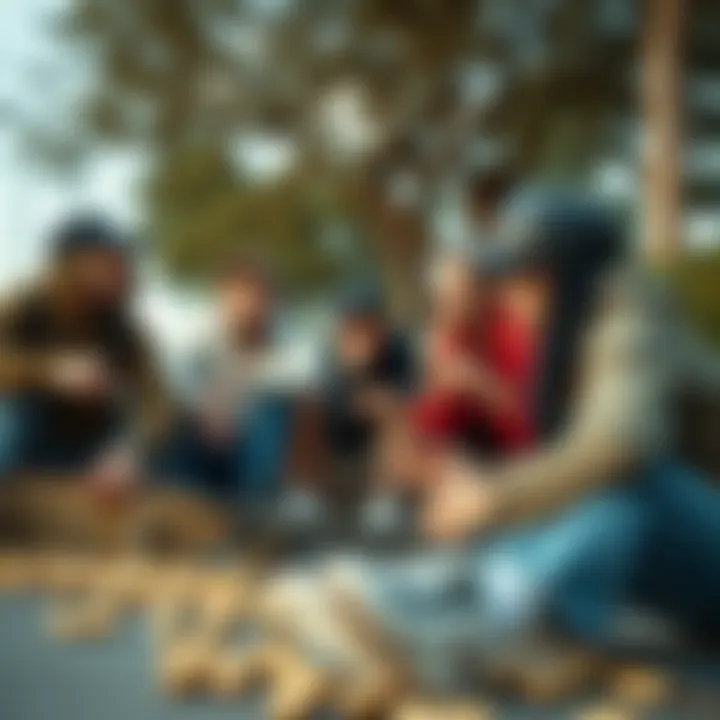 A group of skaters enjoying peanuts during a break.