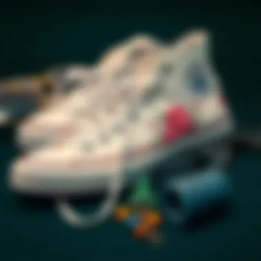 A creative arrangement of white Converse sneakers with floral designs paired with street fashion accessories