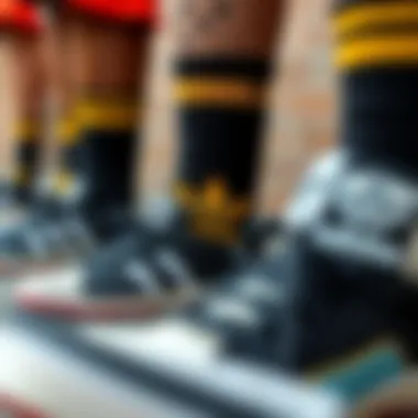 Cultural Influence of Black and Gold Adidas Socks in Skateboarding Group of skateboards highlighting the cultural influence of black and gold Adidas socks
