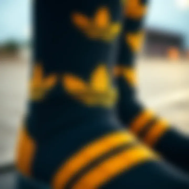 Detailed Look at Black and Gold Adidas Sock Design Close-up of black and gold Adidas socks showcasing their design and texture
