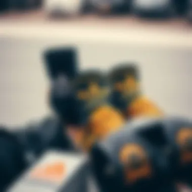 Stylish Skate Gear Featuring Adidas Socks Fashionable arrangement of skate gear including black and gold Adidas socks