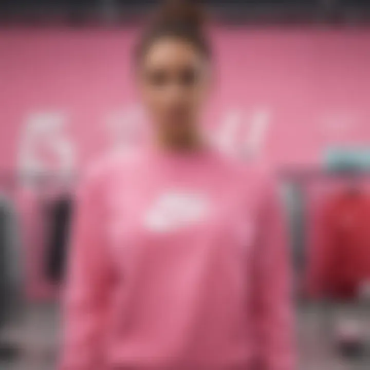 Consumer examining sizes of the Pink Nike Crew Sweatshirt in a retail store