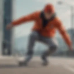 Dynamic skateboarder executing a trick in windbreaker sweat pants