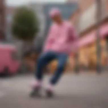 Skateboarder wearing the Pink Nike Crew Sweatshirt in an urban setting