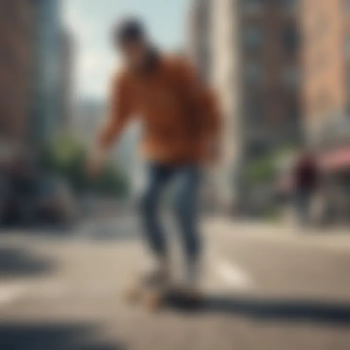 Street scene highlighting the casual wear of skateboarders in urban settings