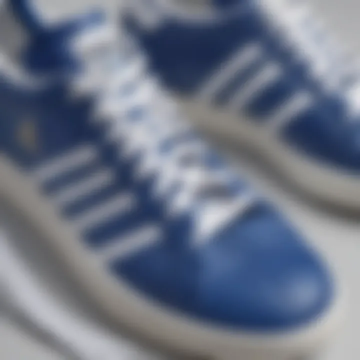 Close-up view of blue and white Adidas shoes showcasing unique design features