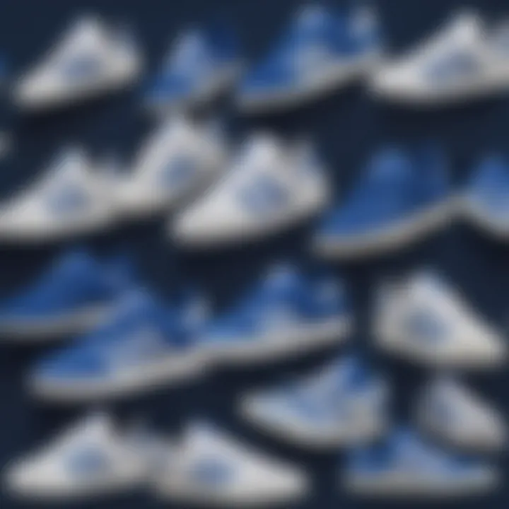 Collage of various blue and white Adidas shoes styles on display