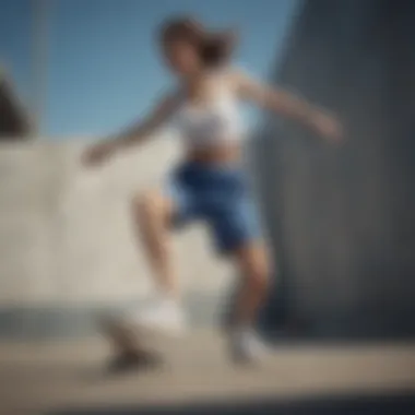 A dynamic shot of a skateboarder in motion, highlighting the functionality of high-waisted Adidas shorts.