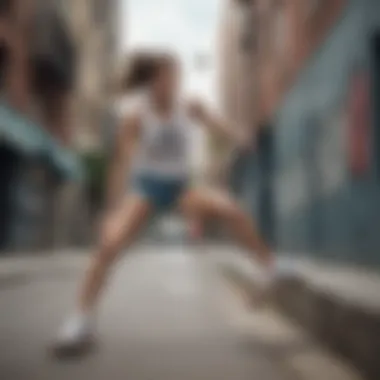 Skaters performing tricks while wearing high-waisted Adidas shorts in an urban setting.