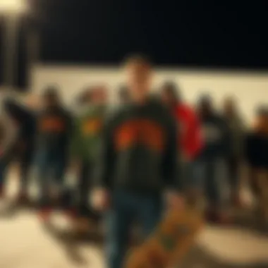 Skate Culture Community A group of skateboarders wearing trendy crewnecks, symbolizing community and fashion in skate culture.