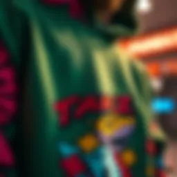 A close-up shot of a vibrant crewneck sweatshirt with unique graphics, representing skate culture.