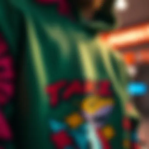 Vibrant Crewneck Graphics A close-up shot of a vibrant crewneck sweatshirt with unique graphics, representing skate culture.