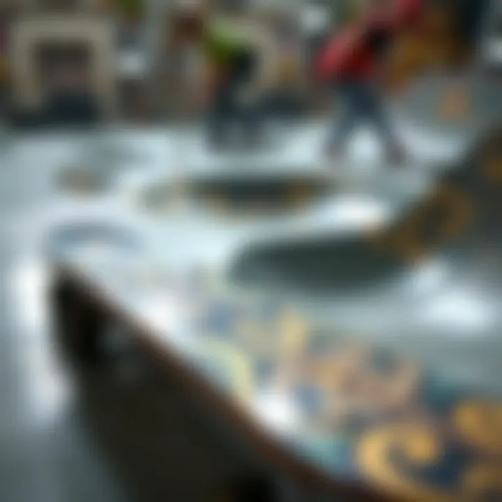 A detailed view of a fingerboard on a custom skatepark setup, showcasing intricate designs.