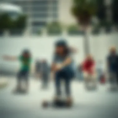 A group of diverse riders enjoying the thrill of skating on small long boards.