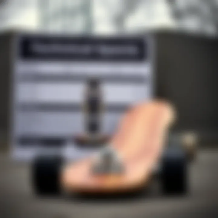 Technical specifications displayed alongside a small long board.