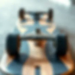 Close-up view of a small long board showcasing its unique design features.