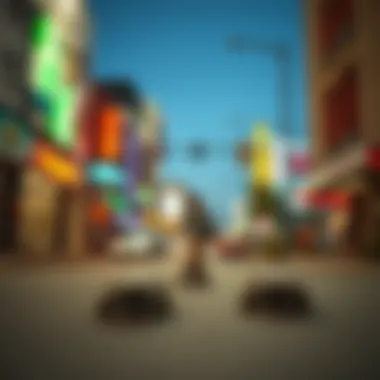 A vibrant urban scene highlighting riders using small long boards.