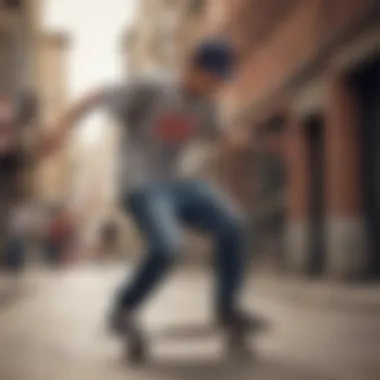 Skateboarder performing a trick wearing a Levi tee shirt in an urban setting