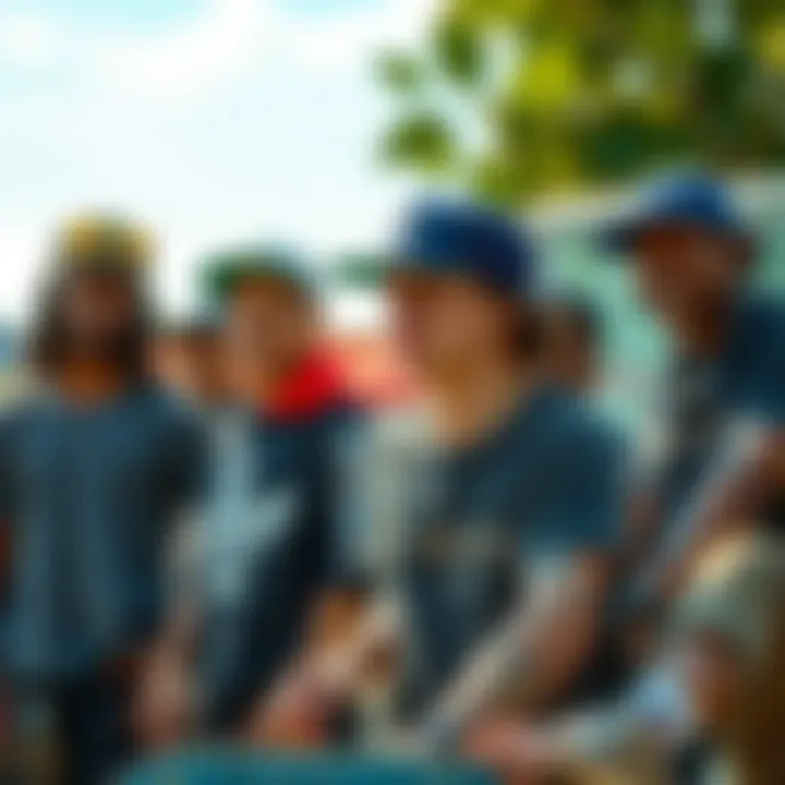 Group of skateboarders showcasing diverse styles with mesh snapbacks