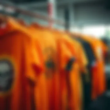 A collection of orange graphic tees displayed on a rack, showcasing various designs.