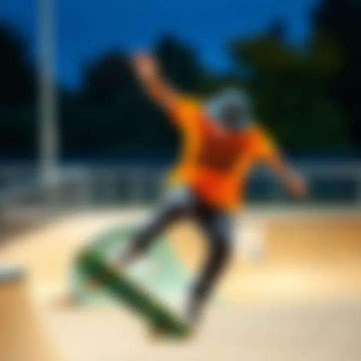 Skateboarder wearing an orange graphic tee performing a trick at a skatepark.