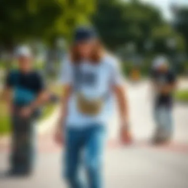 Skateboarders showcasing fanny packs as a fashion statement in a park