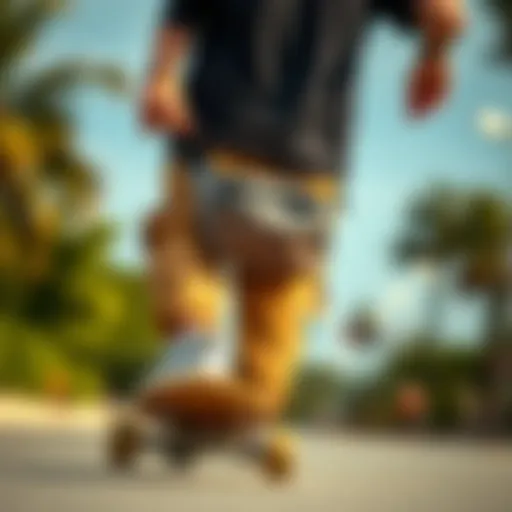 A stylish fanny pack worn by a skateboarder in action