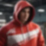 Artistic representation of a red and white graphic hoodie highlighting its unique design elements