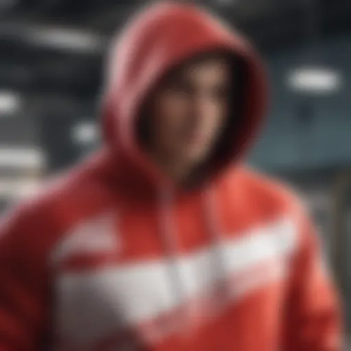 Artistic representation of a red and white graphic hoodie highlighting its unique design elements