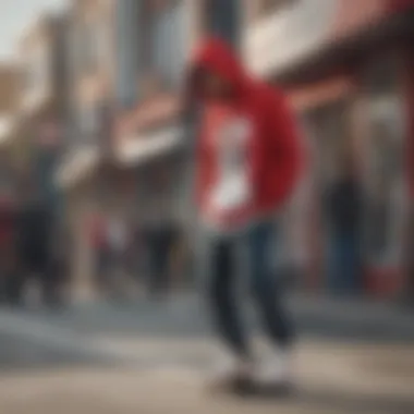 An urban setting featuring skateboarders wearing the hoodie, demonstrating its cultural significance