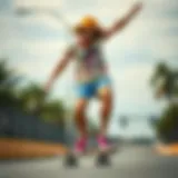 Vibrant Skateboarder in Action Vibrant skateboarder showcasing super short shorts with a dynamic pose