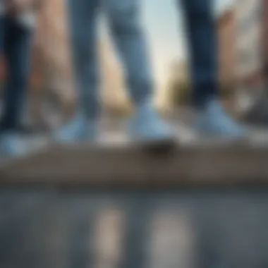 Group of skaters showcasing their light blue New Balance sneakers