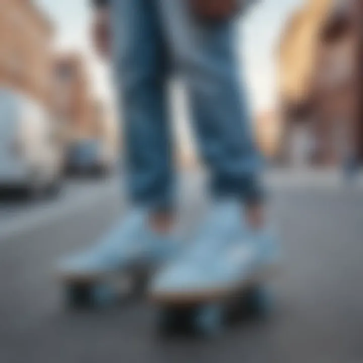 Skater wearing light blue New Balance sneakers in an urban setting