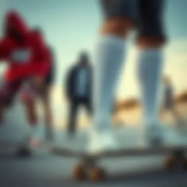 Skateboarding Styles Featuring Nike Socks Group of skateboarders showcasing various styles with Nike socks prominently displayed