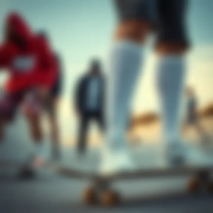 Skateboarding Styles Featuring Nike Socks Group of skateboarders showcasing various styles with Nike socks prominently displayed