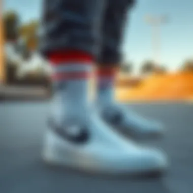 Nike Socks: A Cultural Icon in Skateboarding Artistic arrangement of white high-top Nike socks in a skatepark setting