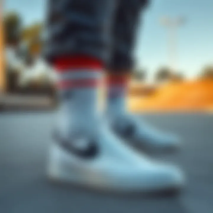 Nike Socks: A Cultural Icon in Skateboarding Artistic arrangement of white high-top Nike socks in a skatepark setting