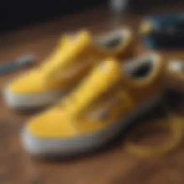 An array of customized Vans sneakers featuring various colors of shoelaces, including striking yellow.