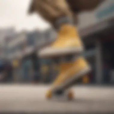 A skateboarding scene showcasing an individual performing tricks while wearing Vans with yellow shoelaces.