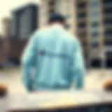 Light Blue Champion Sweater in Urban Skate Culture Light blue Champion sweater showcased in an urban skate park setting