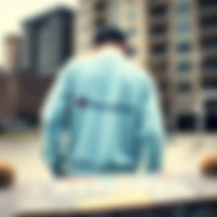 Light Blue Champion Sweater in Urban Skate Culture Light blue Champion sweater showcased in an urban skate park setting