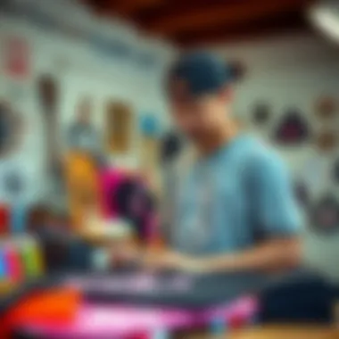 Crafting Unity: Fashion Designer at Work A modern designer creating peace sign logo shirts, reflecting contemporary fashion in the skate scene.