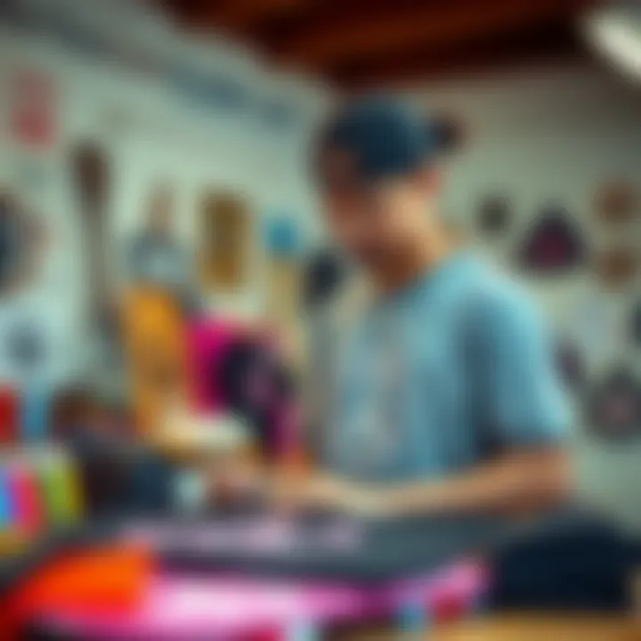 Crafting Unity: Fashion Designer at Work A modern designer creating peace sign logo shirts, reflecting contemporary fashion in the skate scene.